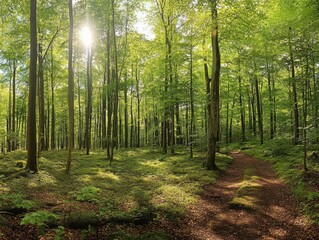 Fototapeta premium Sunlight streams through the lush green canopy of a forest, illuminating a path winding through the mossy undergrowth. A peaceful scene of nature's tranquility.