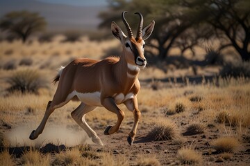 Antelope running, jumping, and leaping in the direction of the camera