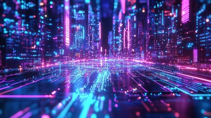 Fototapeta premium Futuristic cityscape with vibrant neon lights.