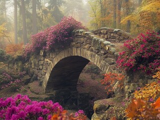 Stone arch bridge covered in vibrant pink and orange flowers in a misty autumn forest.  A picturesque scene of tranquil beauty.