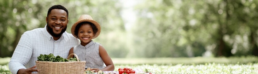 A joyful father and daughter smile while holding a basket of fresh vegetables in a sunlit field, celebrating family and nature's bounty.
