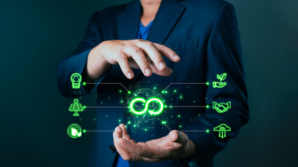 person hold icon to save energy,and reduce global warming,climate change,ecology friendly investment,ESG environment social governance,Green Business Innovation and Sustainable Development concept.