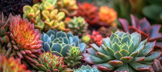 Watercolor Floral Arts, famous arts inspired. A vibrant collection of succulent plants showcasing diverse shapes and colors, set against a soft blurred background.
