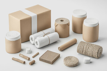 Naklejka premium Detailed of Gift Wrapping Materials Including Brown Boxes, Rolls of Paper, and Decorative Items Isolated on White Background for Creative Projects