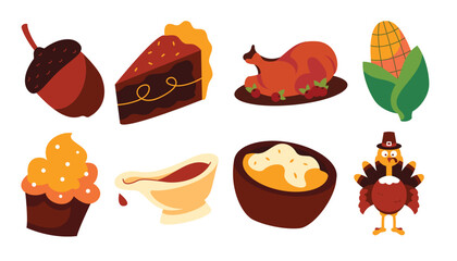 A delightful Thanksgiving-themed illustration set featuring acorn, turkey, pie, mashed potatoes, corn, gravy, and a cupcake. Perfect for holiday designs and celebrations.