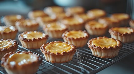 Freshly baked egg custard tarts lined up on a cooling rack, with golden tops and soft lighting.