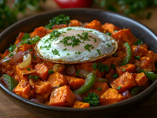 Sweet potato hash with fried egg, herbs and onions.