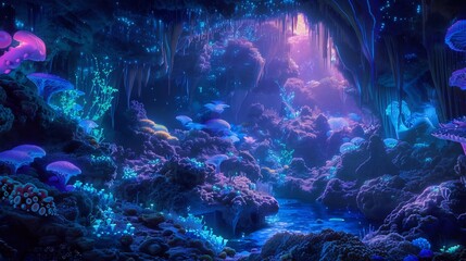 Obraz premium Bio-luminescent Cave with Glowing Mushrooms