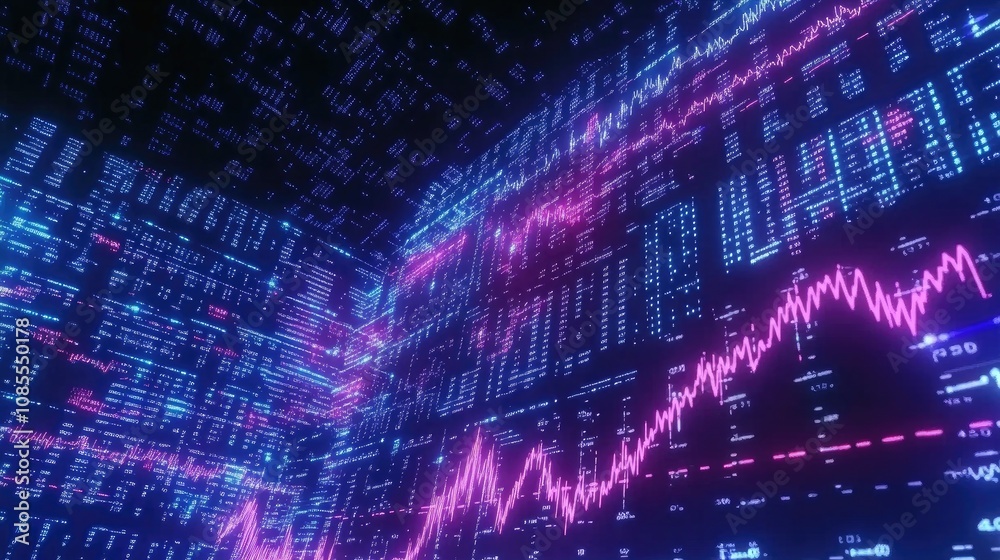 Poster abstract data visualization with colorful graphs and digital code representing financial trends and 