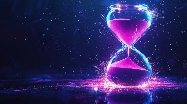 Glowing Neon Hourglass Icon with Electric Sparks and Flowing Sand Particles