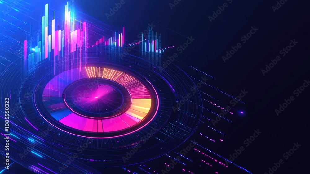 Poster futuristic data visualization with circular graph elements and vibrant color schemes for digital ana