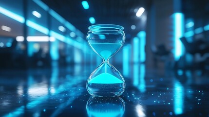 Holographic Hourglass Icon Floating in Digital Office Space with Glowing Sand