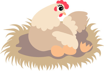 Farm Animals. Cute farm. A surprised chicken sits in a nest with eggs. Collection of farm animals. Baby flat vector illustration.