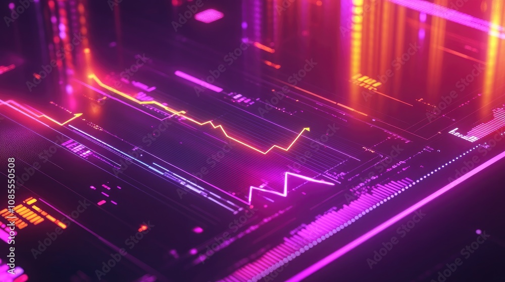 Poster abstract data visualization with glowing lines representing fluctuating statistics in a vibrant digi