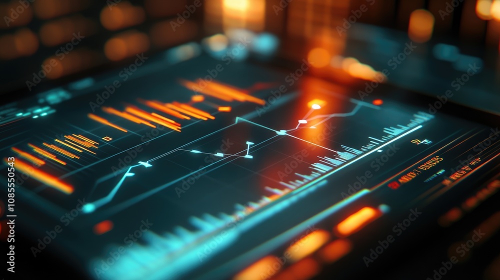 Poster abstract digital stock market chart design featuring colorful graphs and data visualization on a mod