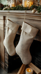Two cream-colored Christmas stockings hang on a rustic wooden mantelpiece adorned with evergreen garland and candles.