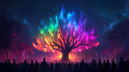Fototapeta premium Music festival schedule concept. vibrant tree with colorful lights illuminates festival scene