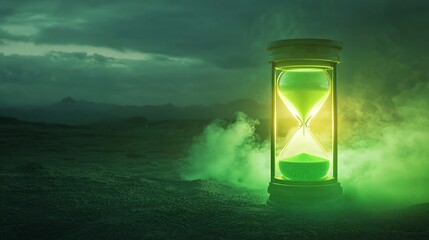 Glowing Green Hourglass in Dystopian Landscape with Toxic Smoke