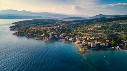 Naklejka premium Aerial view of a coastal village surrounded by mountains and greenery.