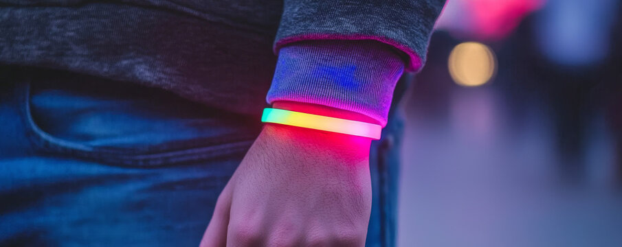 Music festival schedule concept. glowing neon wristband on person wrist at festival