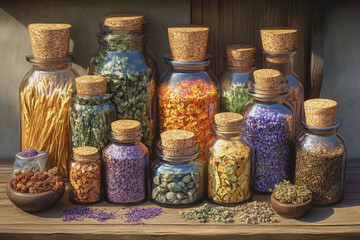 Isolated of Herbal Remedies in Jars with Cork Lids, Showcasing a Colorful Collection of Natural Ingredients for Health and Wellness