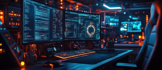 Obraz premium High-tech workspace with multiple monitors.