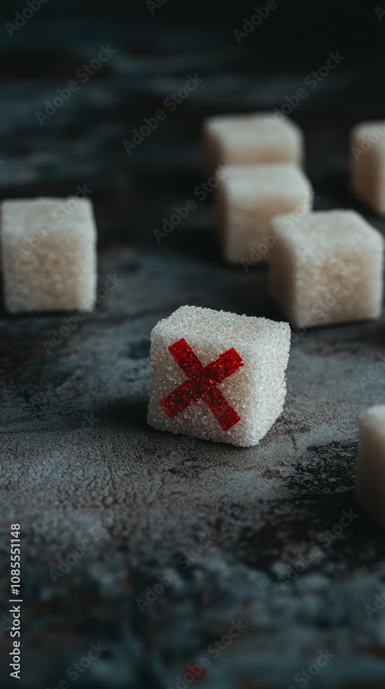 Poster several sugar cubes are scattered on a dark surface, with one cube marked with a red cross, represen