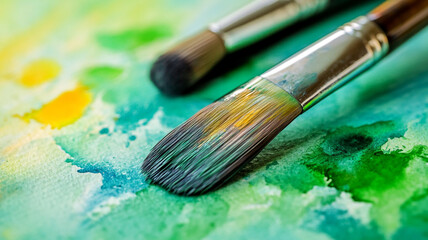 Fototapeta premium Painting tools resting on a colorful watercolor background during an art session