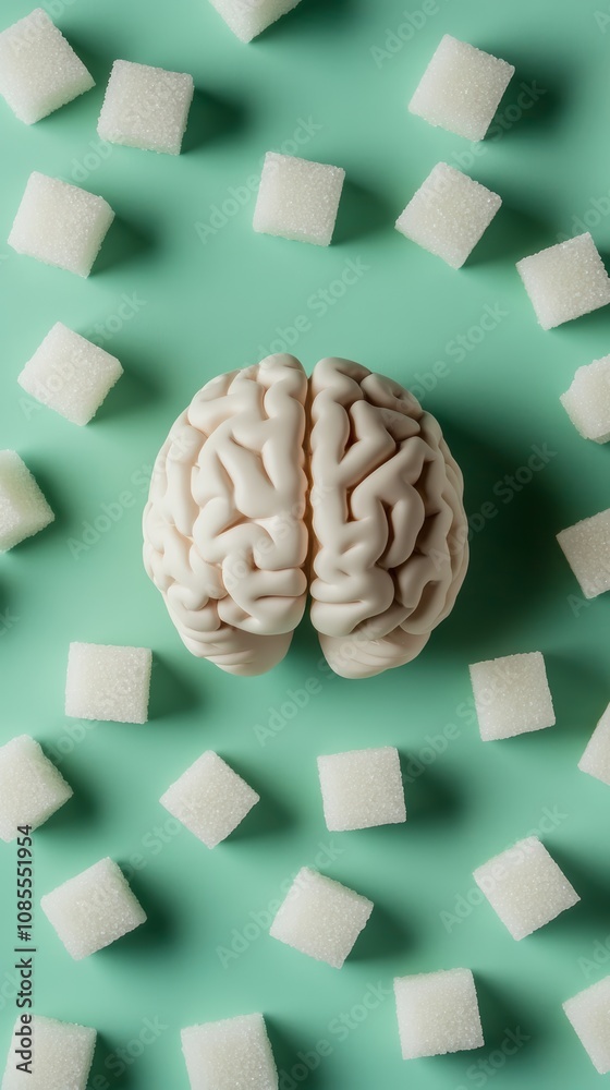Poster White sugar cubes are surrounding an anatomical model of a human brain placed on a green background, representing the concept of sugar consumption effects on brain health and cognitive function