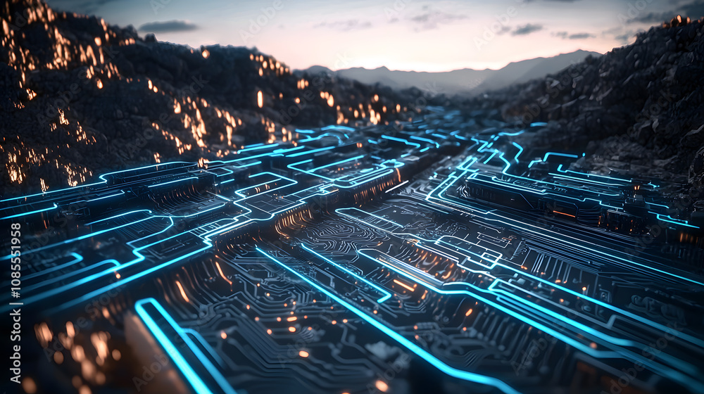 Poster Futuristic circuit landscape with glowing lines