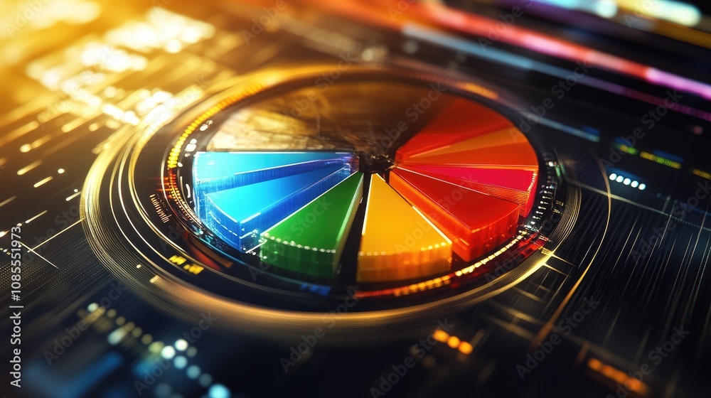 Poster colorful pie chart on a futuristic digital interface, representing data analysis and visualization c