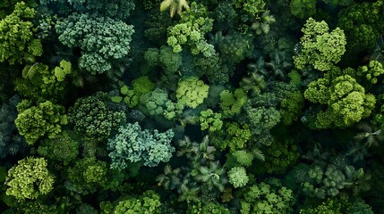 Aerial view of a lush, dense forest with varying shades of green foliage.
