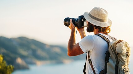 Obraz premium A traveler photographs a scenic landscape, showcasing passion for photography amidst nature's beauty.