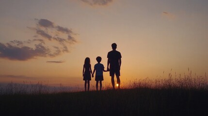 Fototapeta premium Silhouette of a Family Standing Together at Sunset, Holding Hands on a Hill, Bathed in Warm Golden Light, Symbolizing Togetherness and Connection in Nature