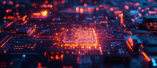 Obraz premium Abstract view of a circuit board with glowing elements.