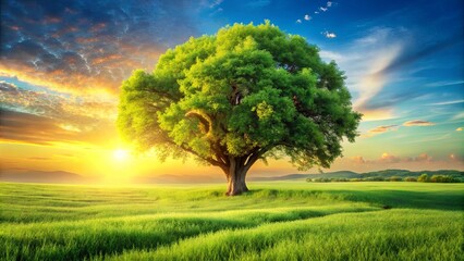 Fototapeta premium A Majestic Tree Stands Tall in a Lush Meadow at Sunset, Its Branches Spreading Wide Against a Sky of Fiery Hues