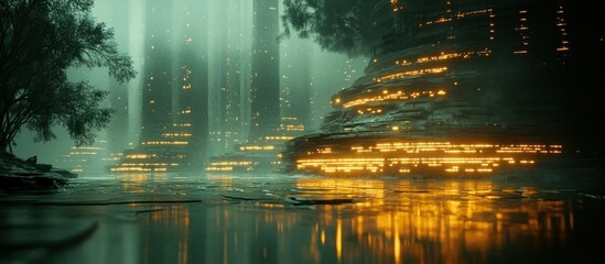 Futuristic landscape with glowing structures and water.