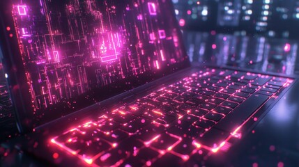 Futuristic laptop with glowing digital elements.