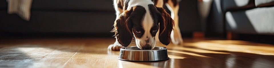 English springer spaniel eating in the living room of the house. Close-up.