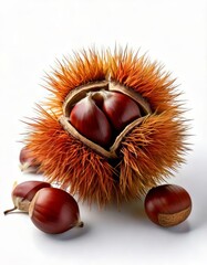 A close-up of a burr of a chestnut with shiny brown nuts inside and around it.