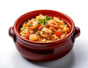 Delicious shrimp rice dish served in a traditional clay pot with vibrant garnishes.