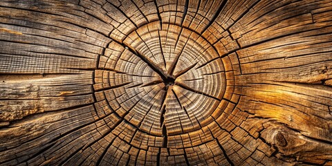 Fototapeta premium A close-up view of the intricate pattern of a tree trunk's cross-section, revealing the rings of growth and the natural textures of weathered wood.