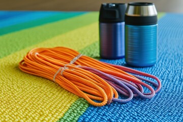 Colorful ropes and insulated containers on a mat.