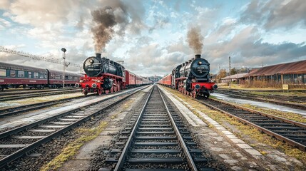 Obraz premium Vintage Trains at a Busy Railway Depot