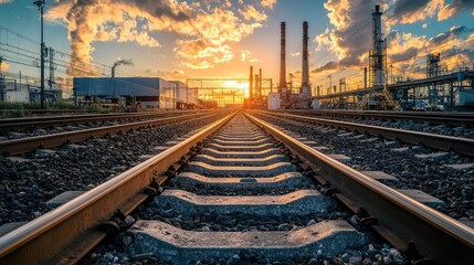 Obraz premium Sunrise Over Industrial Railway Tracks