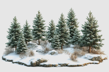 Snowy Scenery of Isolated Pine Trees in on White Background, Perfect for Winter-themed Designs and Seasonal Projects