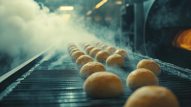 Golden-brown bread rolls on a conveyor belt, moving toward cooling area, large industrial oven visible.