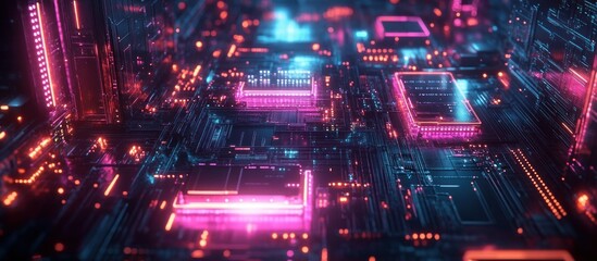 Obraz premium Abstract digital landscape with glowing circuits.