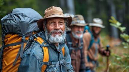 Obraz premium Portrait of an elderly man with a backpack on a hiking route in the mountains.