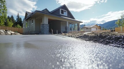Pouring driveway concrete, smooth fresh pavement, house in background, 